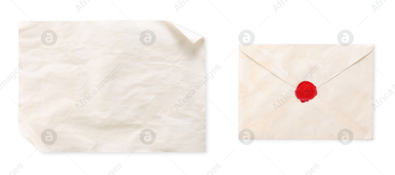 Image of Old envelope and blank letter isolated on white