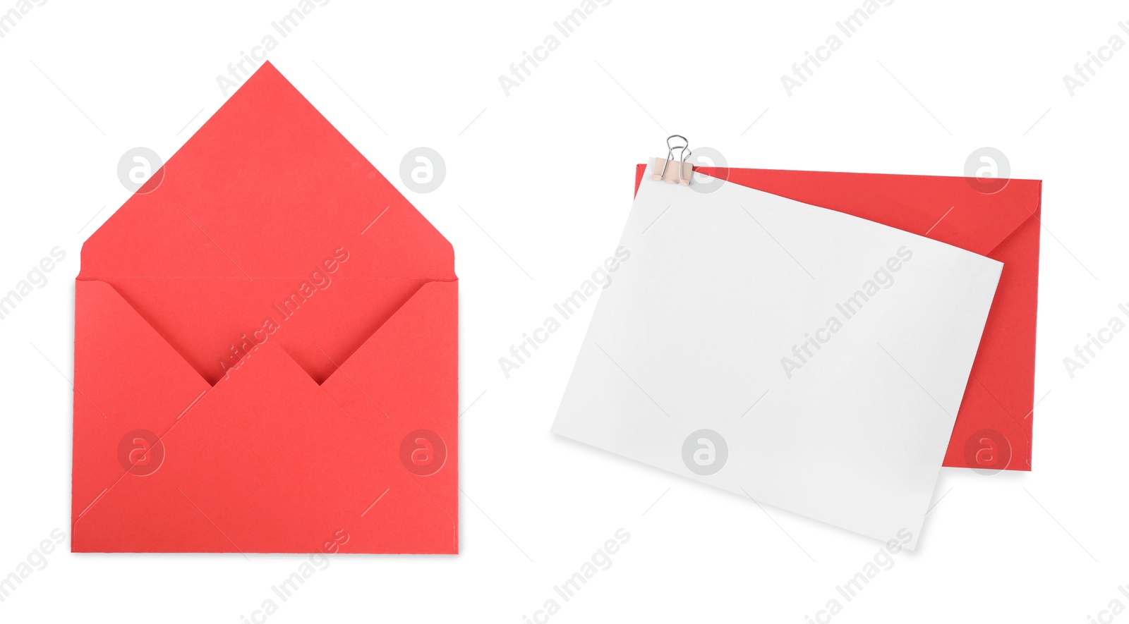 Image of Red paper envelopes and blank letter isolated on white