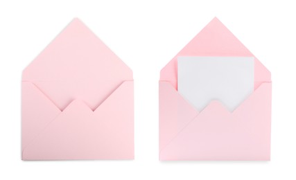 Pink paper envelopes and blank letter isolated on white