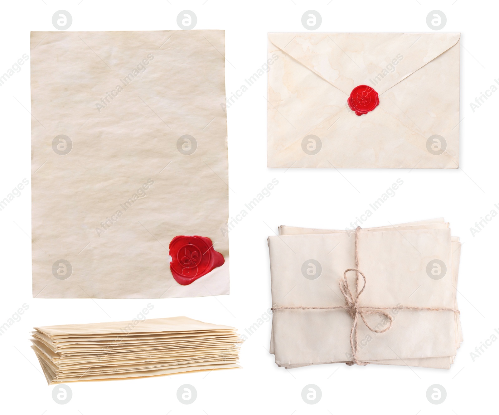 Image of Old envelopes and blank letter isolated on white, collage