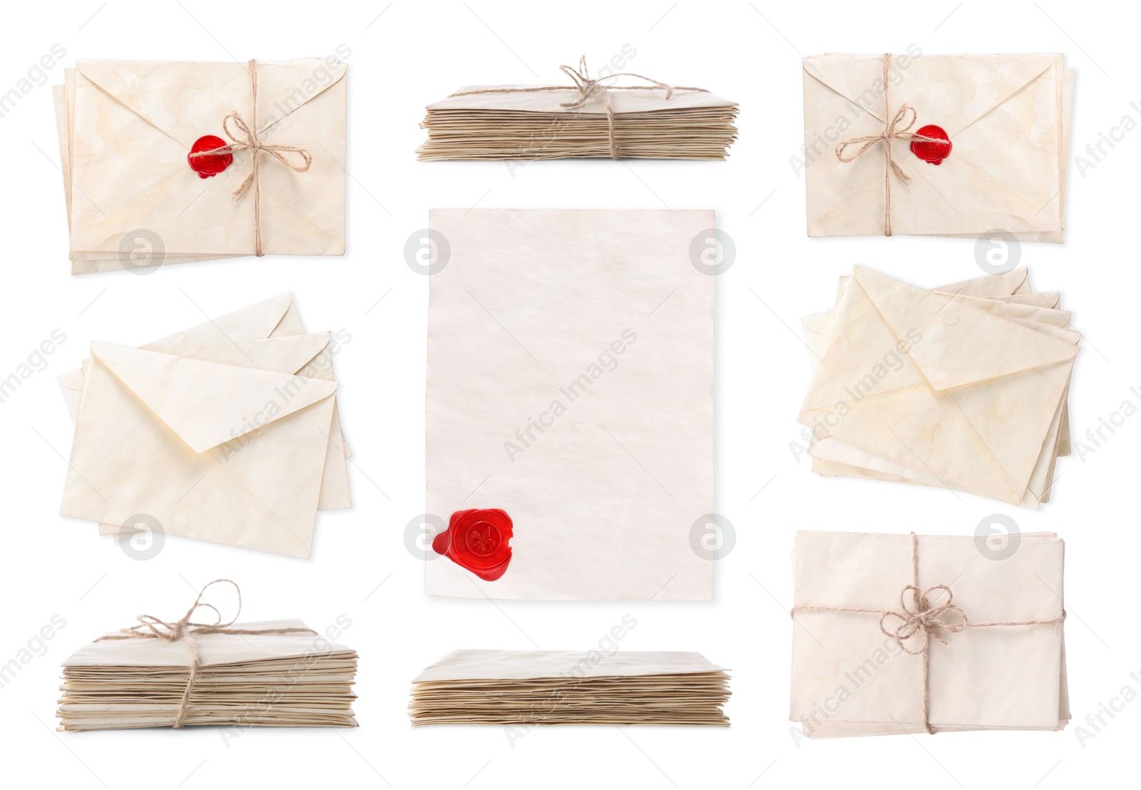 Image of Old envelopes and blank letter isolated on white, collage