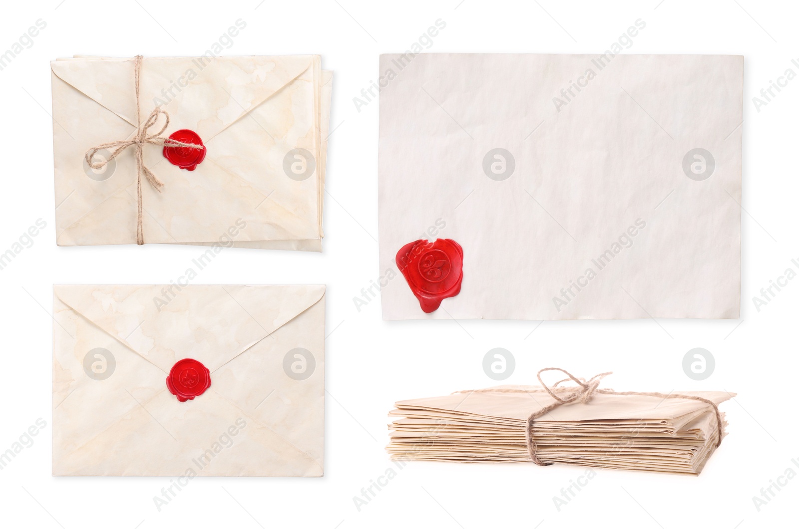 Image of Old envelopes and blank letter isolated on white, collage