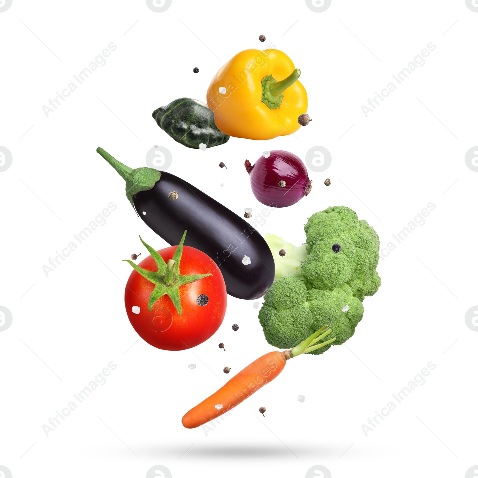 Image of Fresh vegetables and spices in air on white background