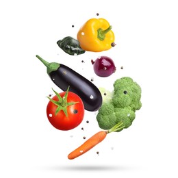 Image of Fresh vegetables and spices in air on white background