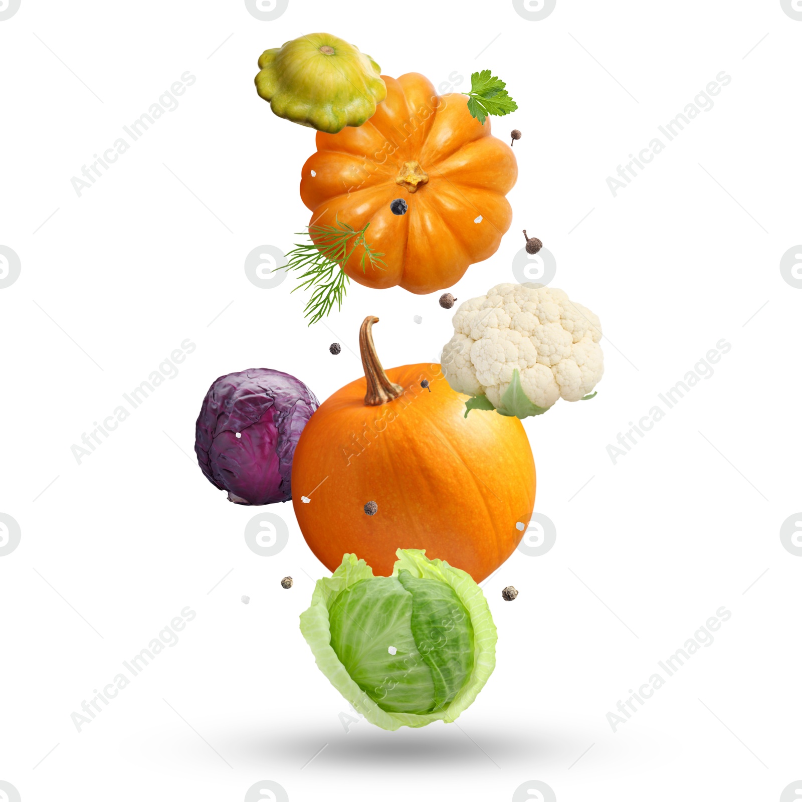 Image of Fresh vegetables, herbs and spices in air on white background