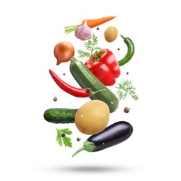 Image of Fresh vegetables, herbs and spices in air on white background