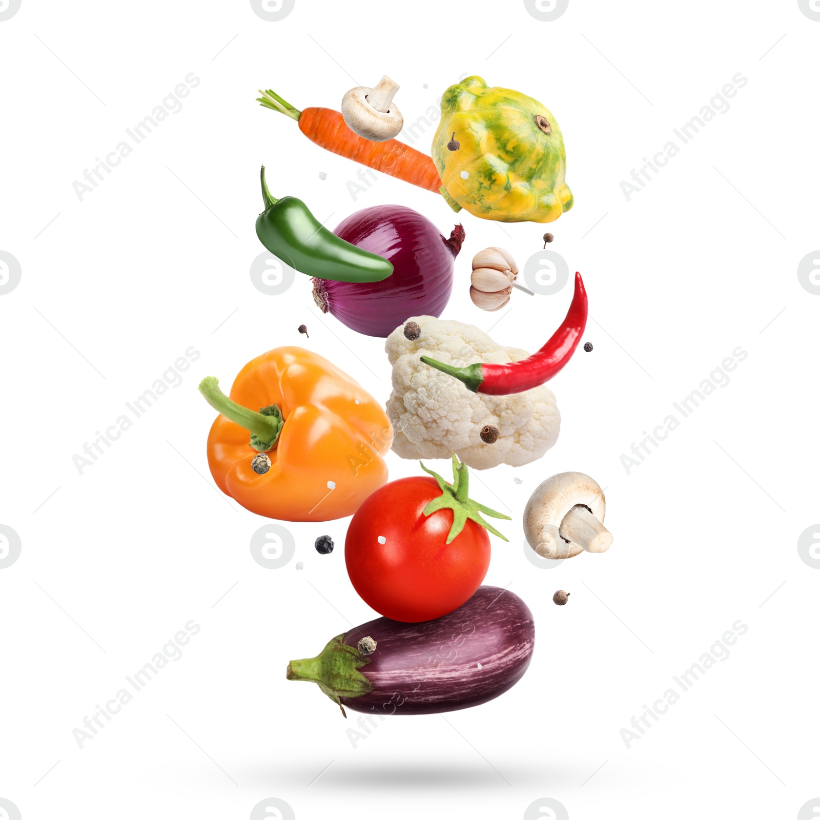 Image of Fresh vegetables and spices in air on white background