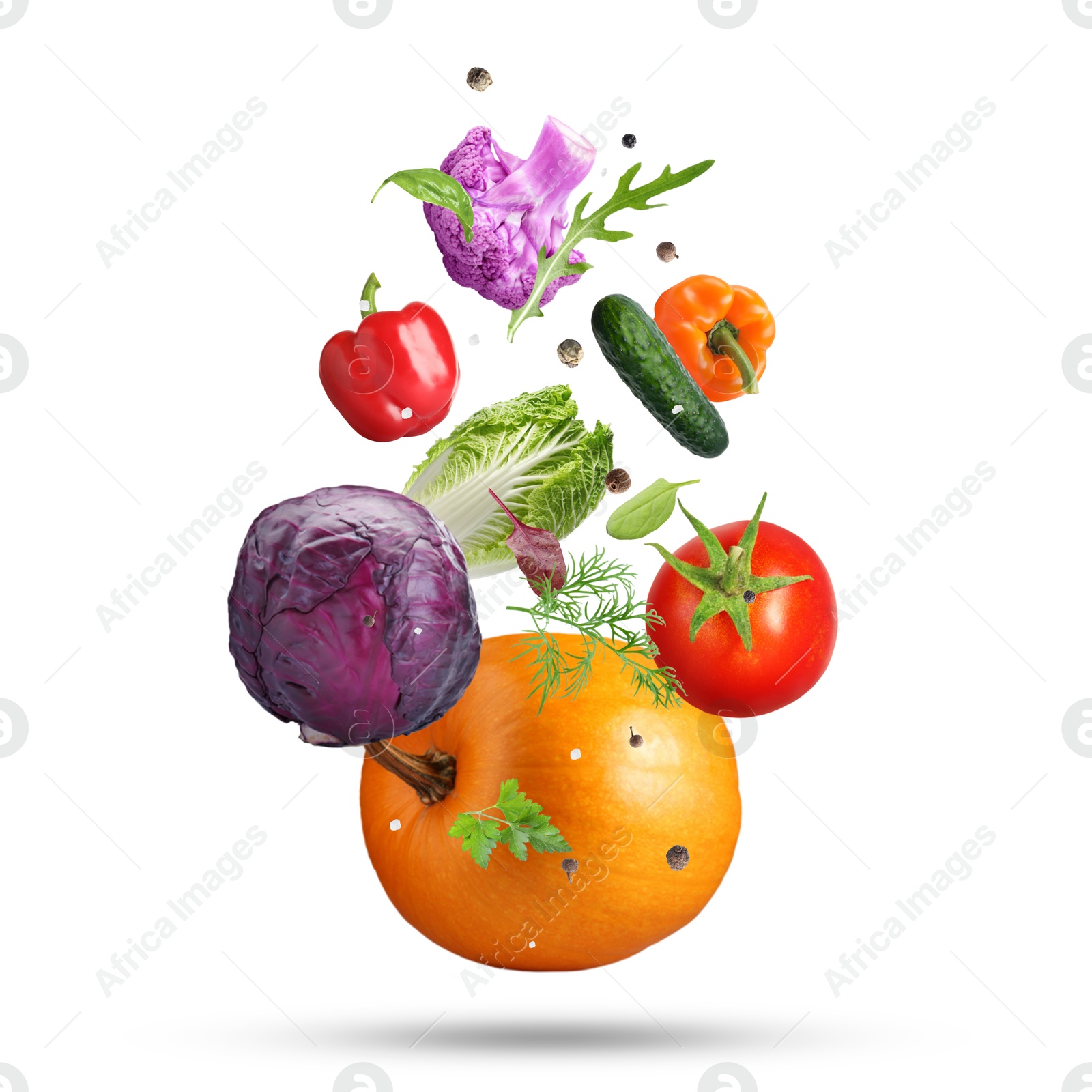 Image of Fresh vegetables, herbs and spices in air on white background