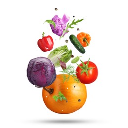 Image of Fresh vegetables, herbs and spices in air on white background