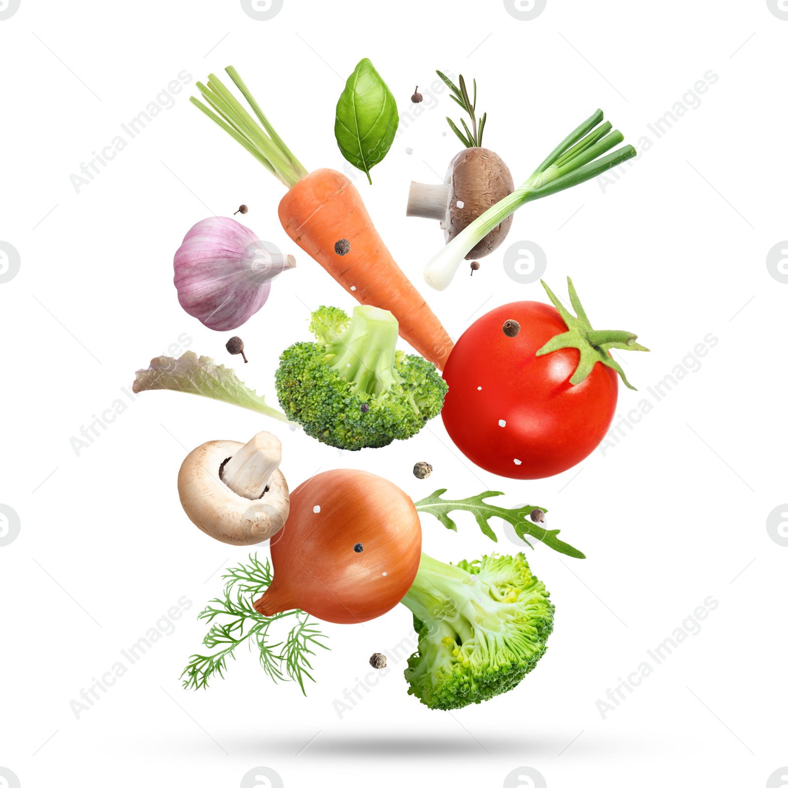 Image of Fresh vegetables, herbs and spices in air on white background