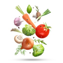 Image of Fresh vegetables, herbs and spices in air on white background