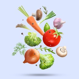 Image of Fresh vegetables, herbs and spices in air on light blue background