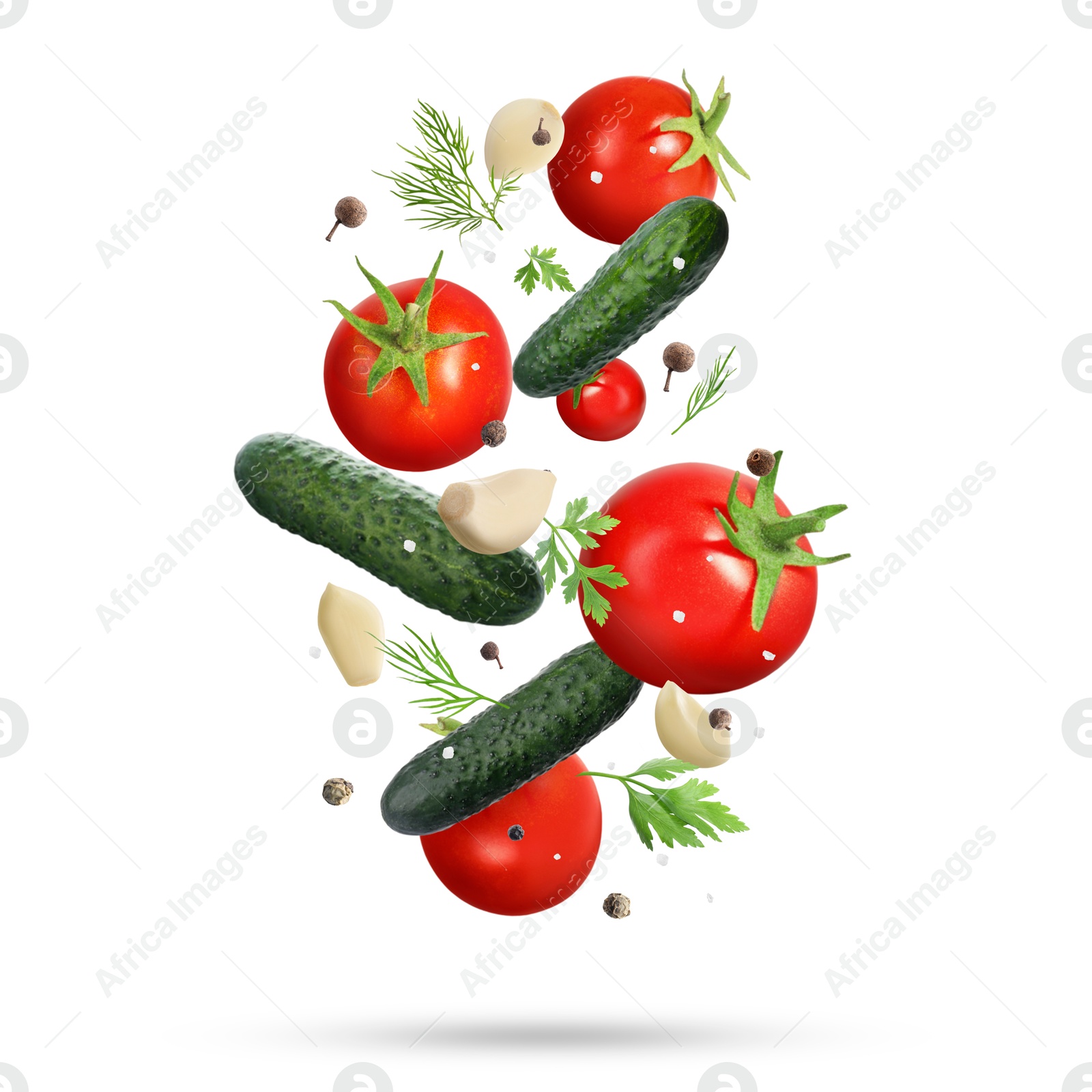 Image of Fresh vegetables, herbs and spices in air on white background