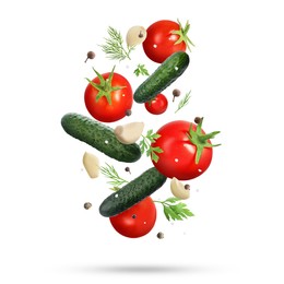 Image of Fresh vegetables, herbs and spices in air on white background