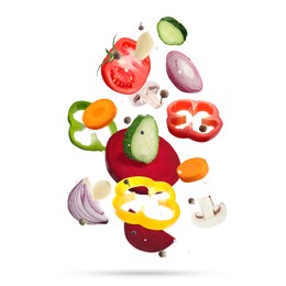 Image of Fresh vegetables and spices in air on white background