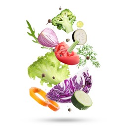 Image of Fresh vegetables, herbs and spices in air on white background