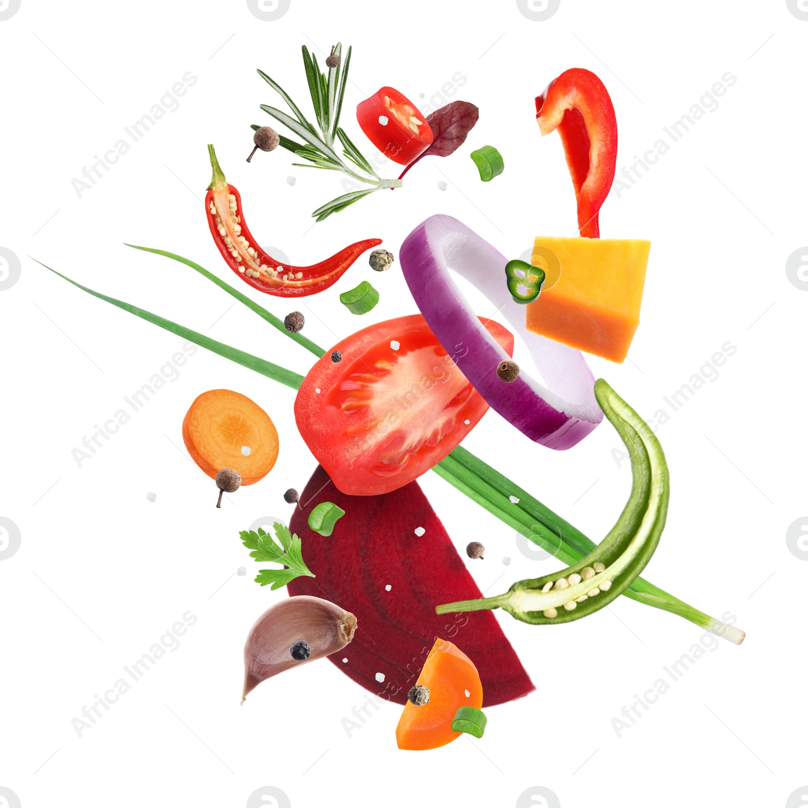 Image of Fresh vegetables, herbs and spices in air on white background