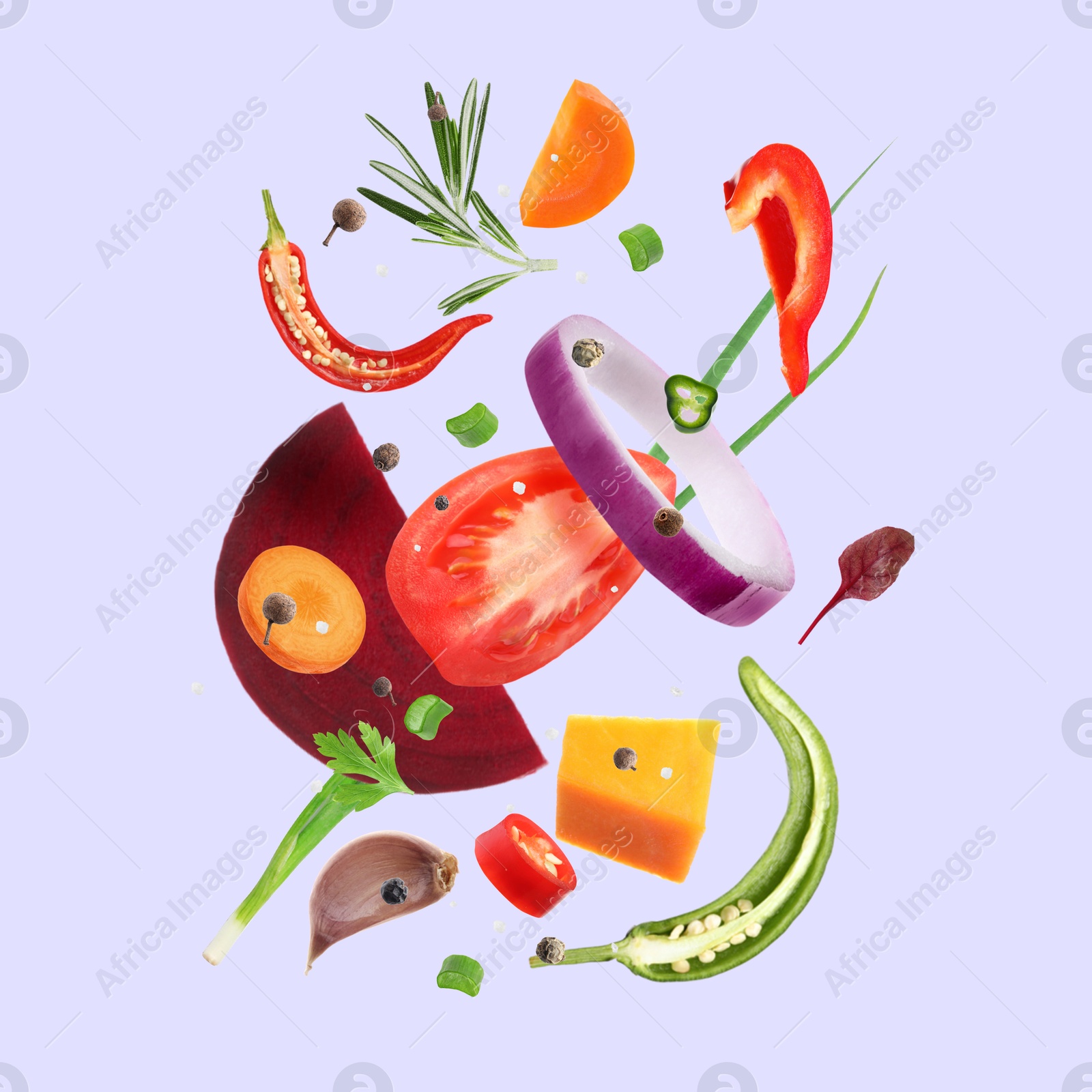 Image of Fresh vegetables, herbs and spices in air on light violet background