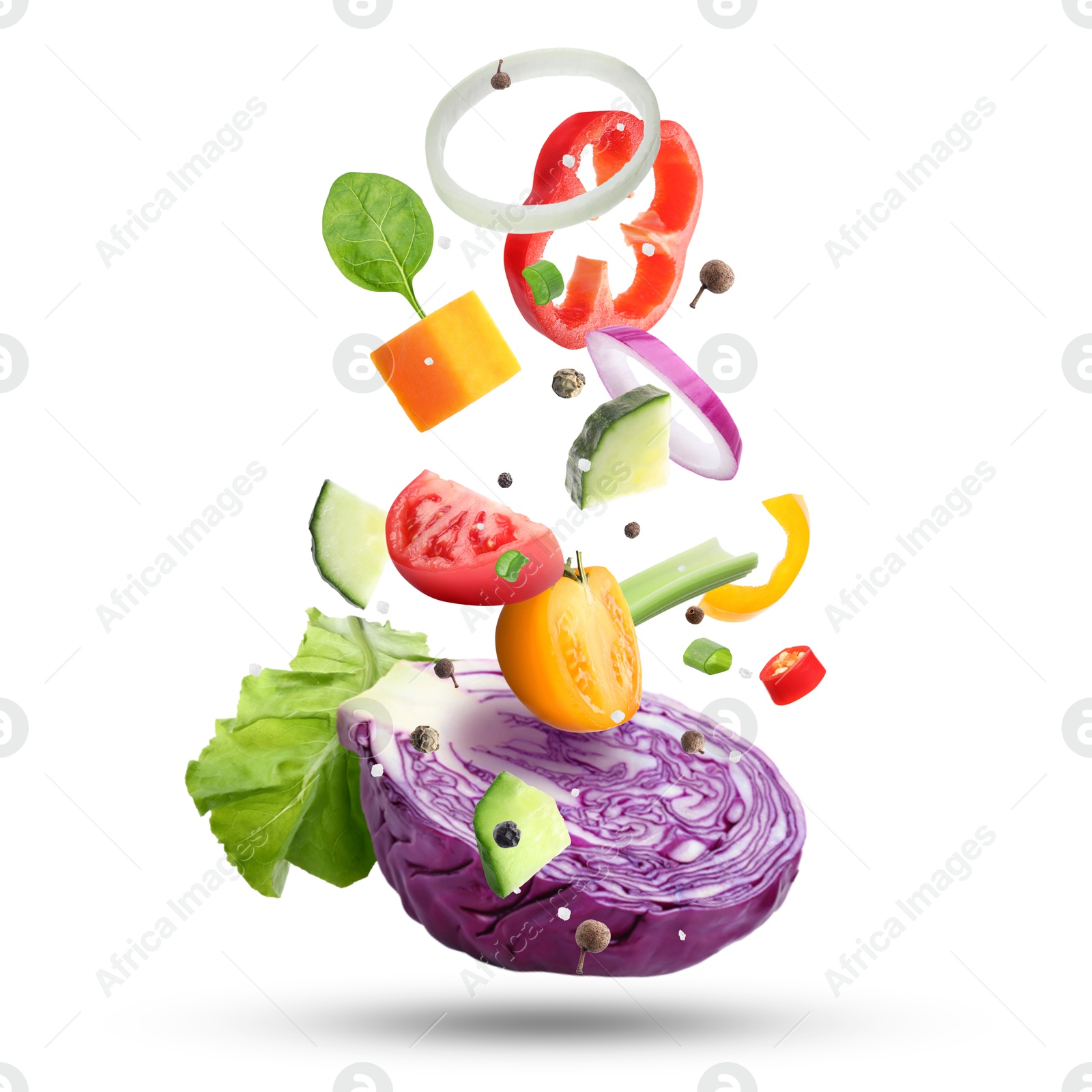 Image of Fresh vegetables, herbs and spices in air on white background