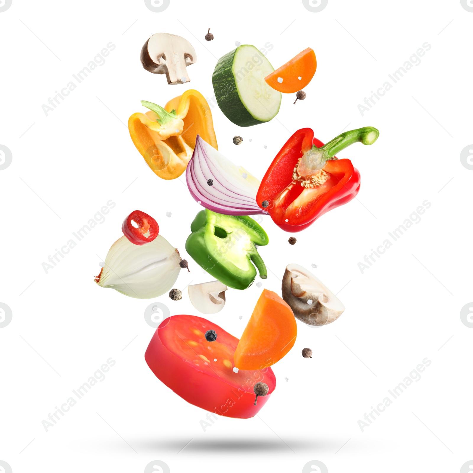 Image of Fresh vegetables and spices in air on white background