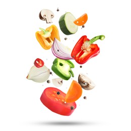 Image of Fresh vegetables and spices in air on white background