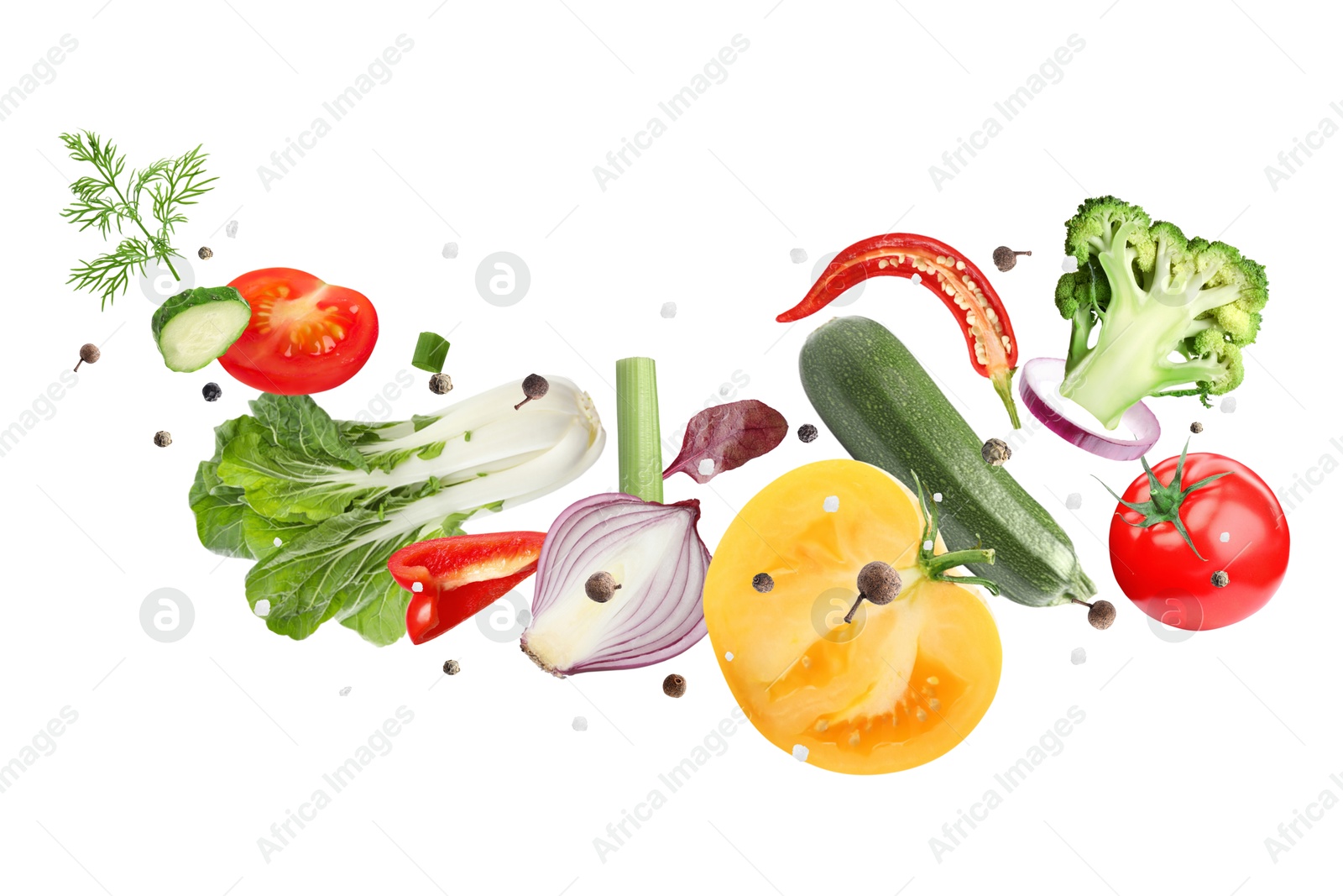 Image of Fresh vegetables, herbs and spices in air on white background