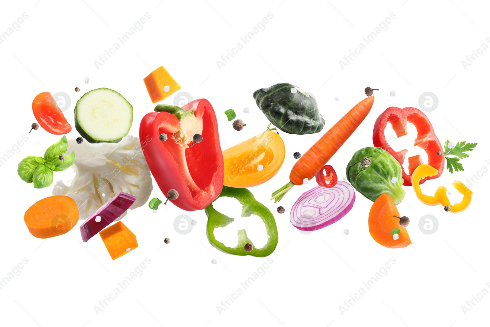 Image of Fresh vegetables, herbs and spices in air on white background