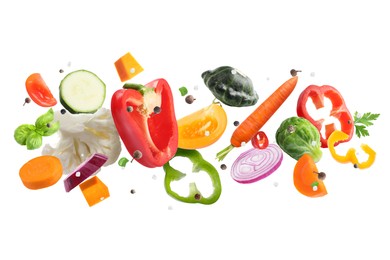 Image of Fresh vegetables, herbs and spices in air on white background