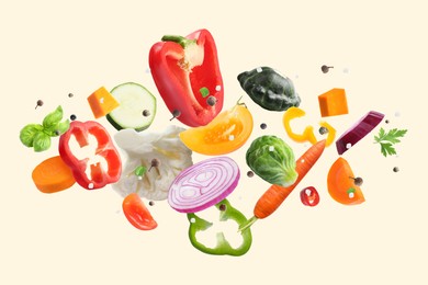 Image of Fresh vegetables, herbs and spices in air on beige background