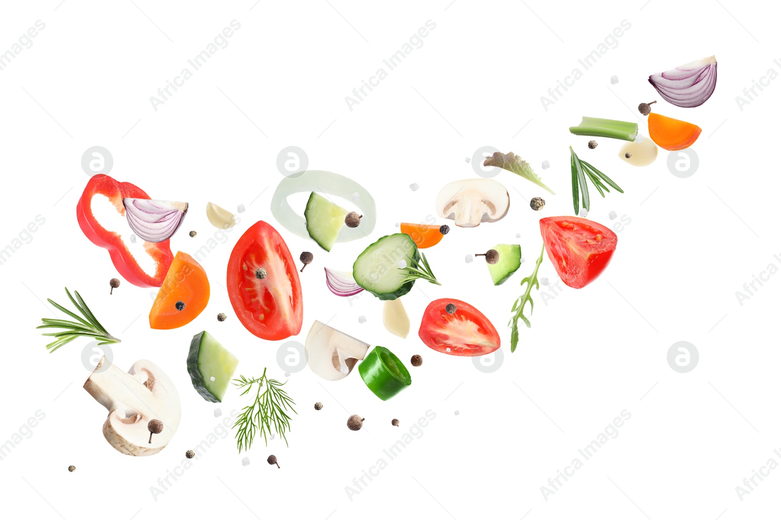 Image of Fresh vegetables, herbs and spices in air on white background