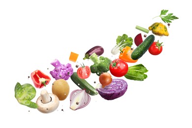 Image of Fresh vegetables, herbs and spices in air on white background