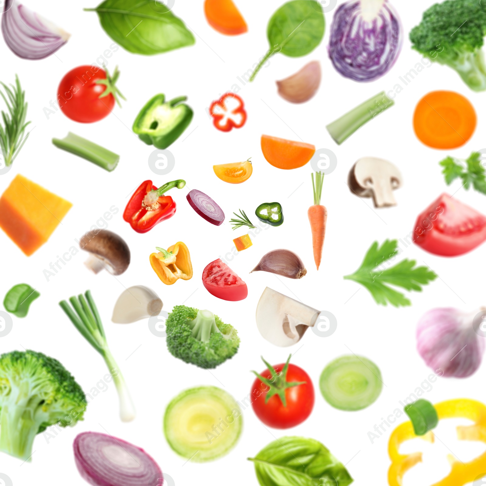 Image of Fresh vegetables and herbs in air on white background