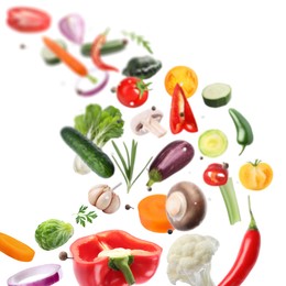 Image of Fresh vegetables, herbs and spices in air on white background