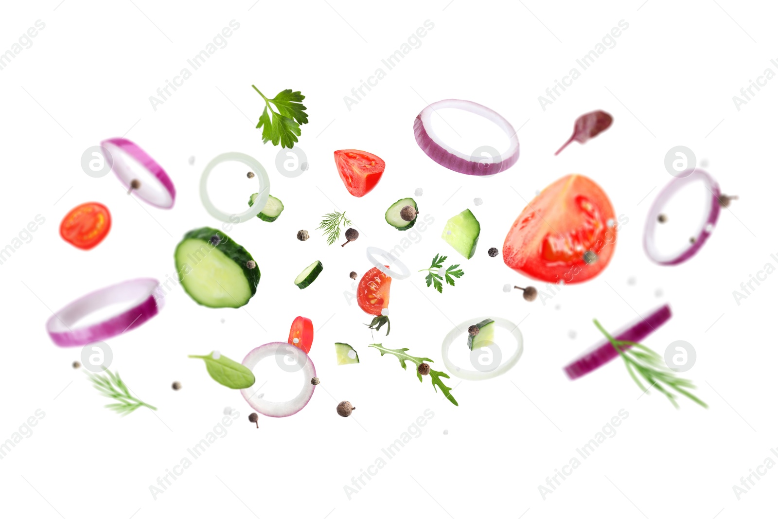 Image of Fresh vegetables, herbs and spices in air on white background