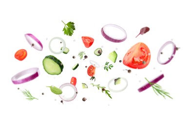 Image of Fresh vegetables, herbs and spices in air on white background