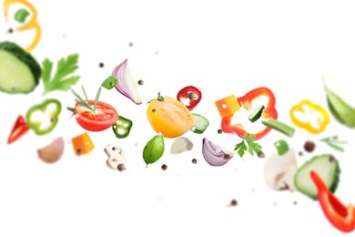 Image of Fresh vegetables, herbs and spices in air on white background