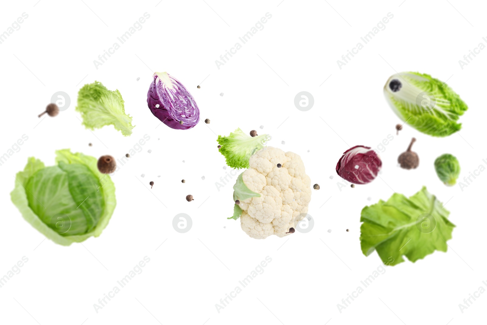 Image of Fresh vegetables and spices in air on white background