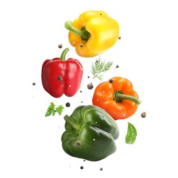 Image of Fresh bell peppers, herbs and spices in air on white background