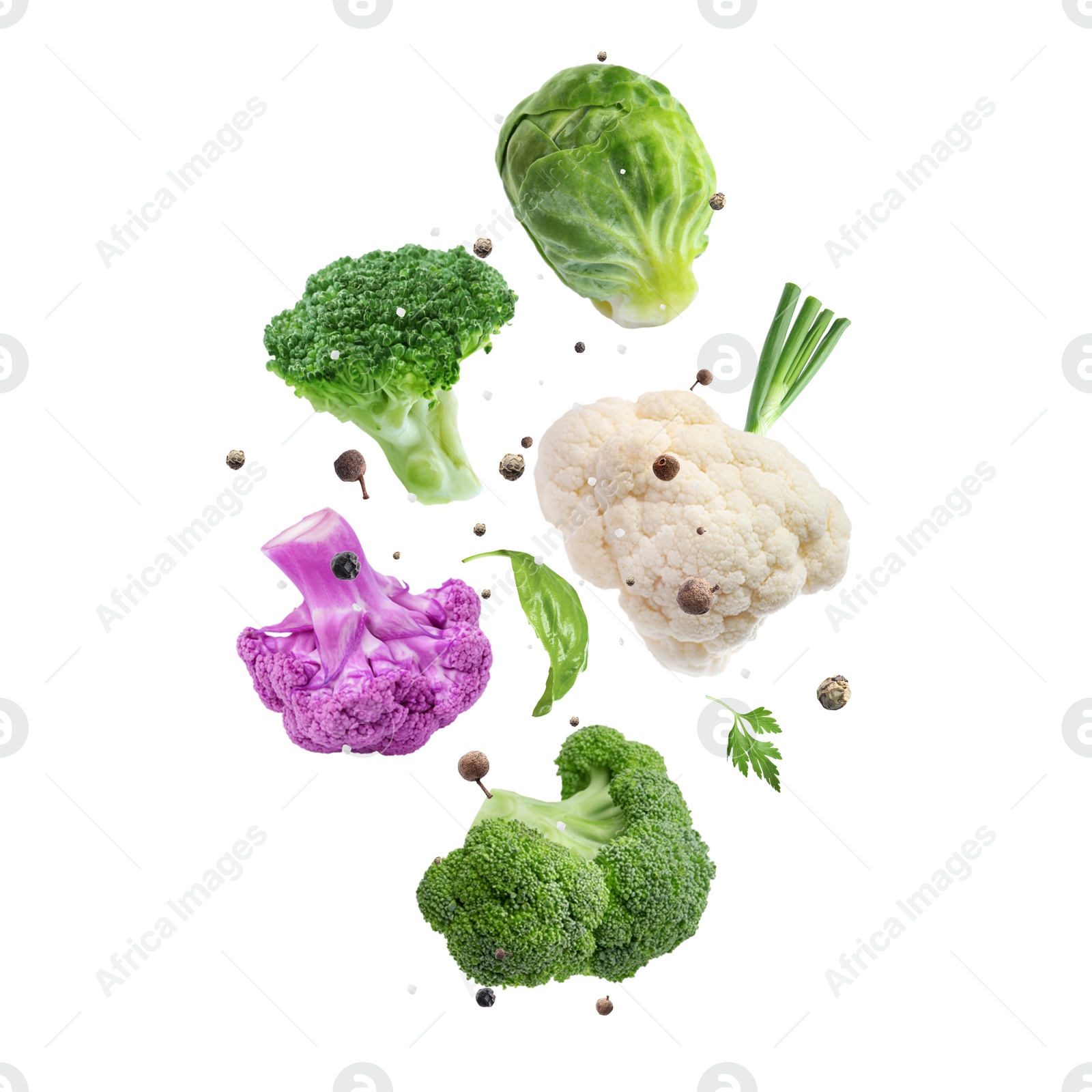 Image of Fresh broccoli, cauliflower, Brussels sprout, herbs and spices in air on white background