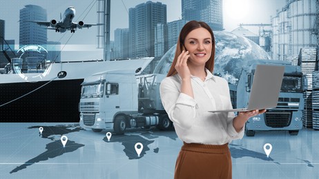 Image of Distribution business. Manager with laptop talking on phone, transport, buildings and globe, collage. Banner design