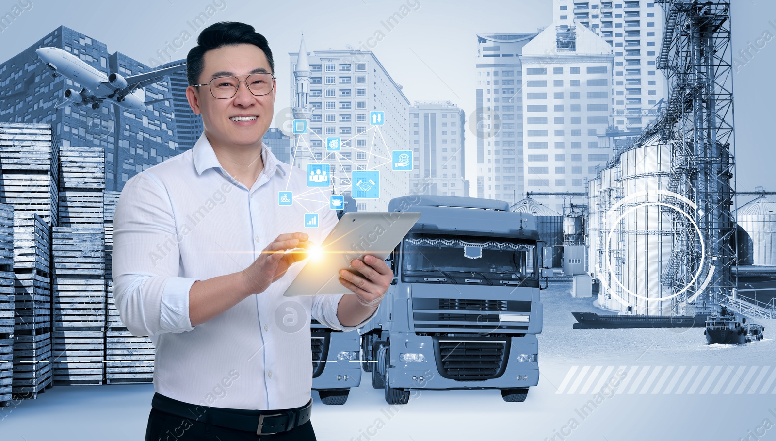 Image of Distribution business. Manager with tablet, transport, and buildings, collage. Banner design