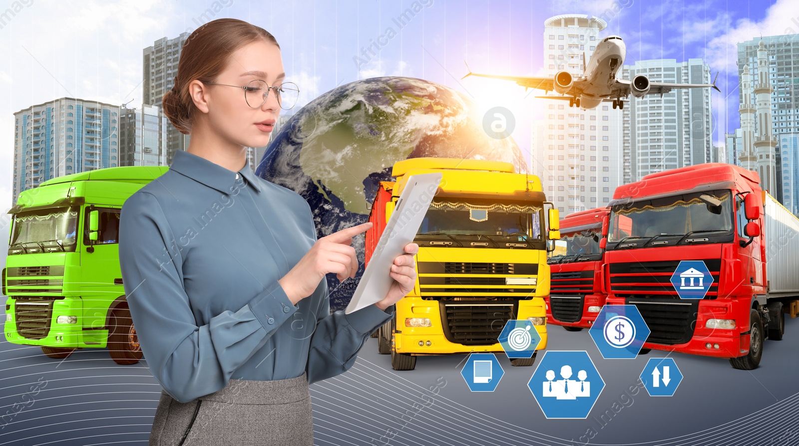 Image of Distribution business. Manager with tablet, transport, buildings and globe, collage. Banner design