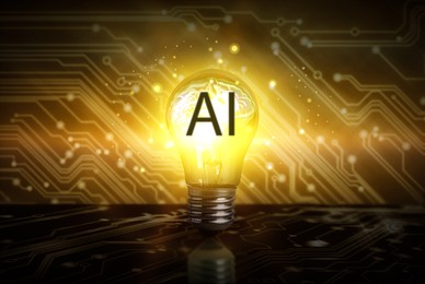 Image of Ai abbreviation and illustration of brain in light bulb against dark background with electronic circuit board pattern