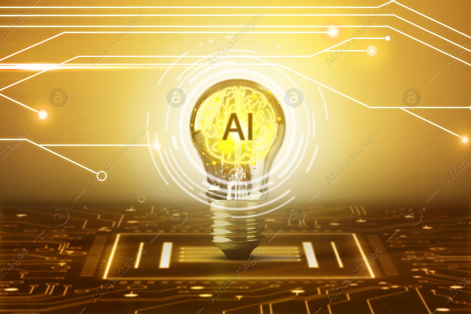 Image of Ai abbreviation and illustration of brain in light bulb against golden background with electronic circuit board pattern