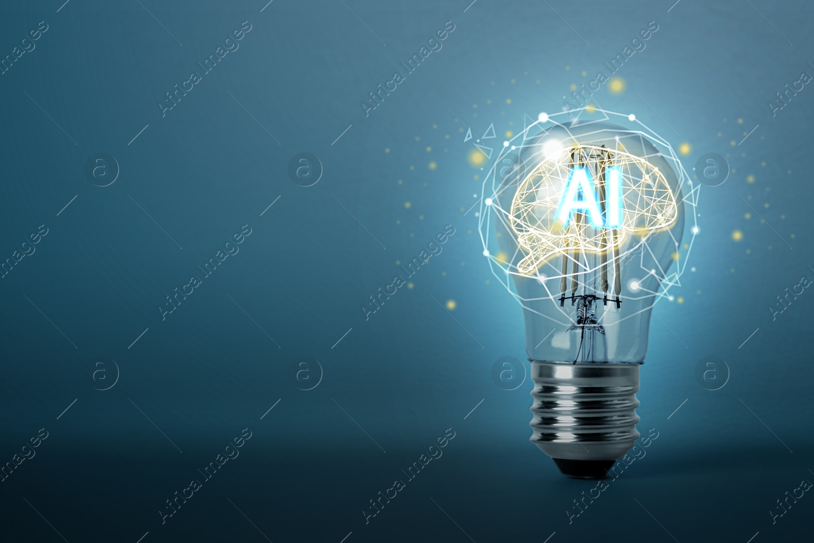 Image of Ai abbreviation and illustration of brain in light bulb against blue gradient background. Space for text