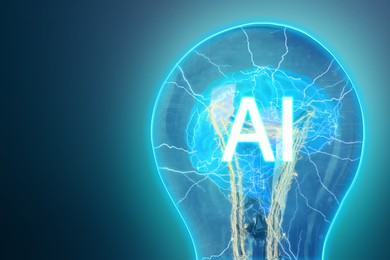 Image of Ai abbreviation and illustration of brain in light bulb against blue gradient background. Space for text