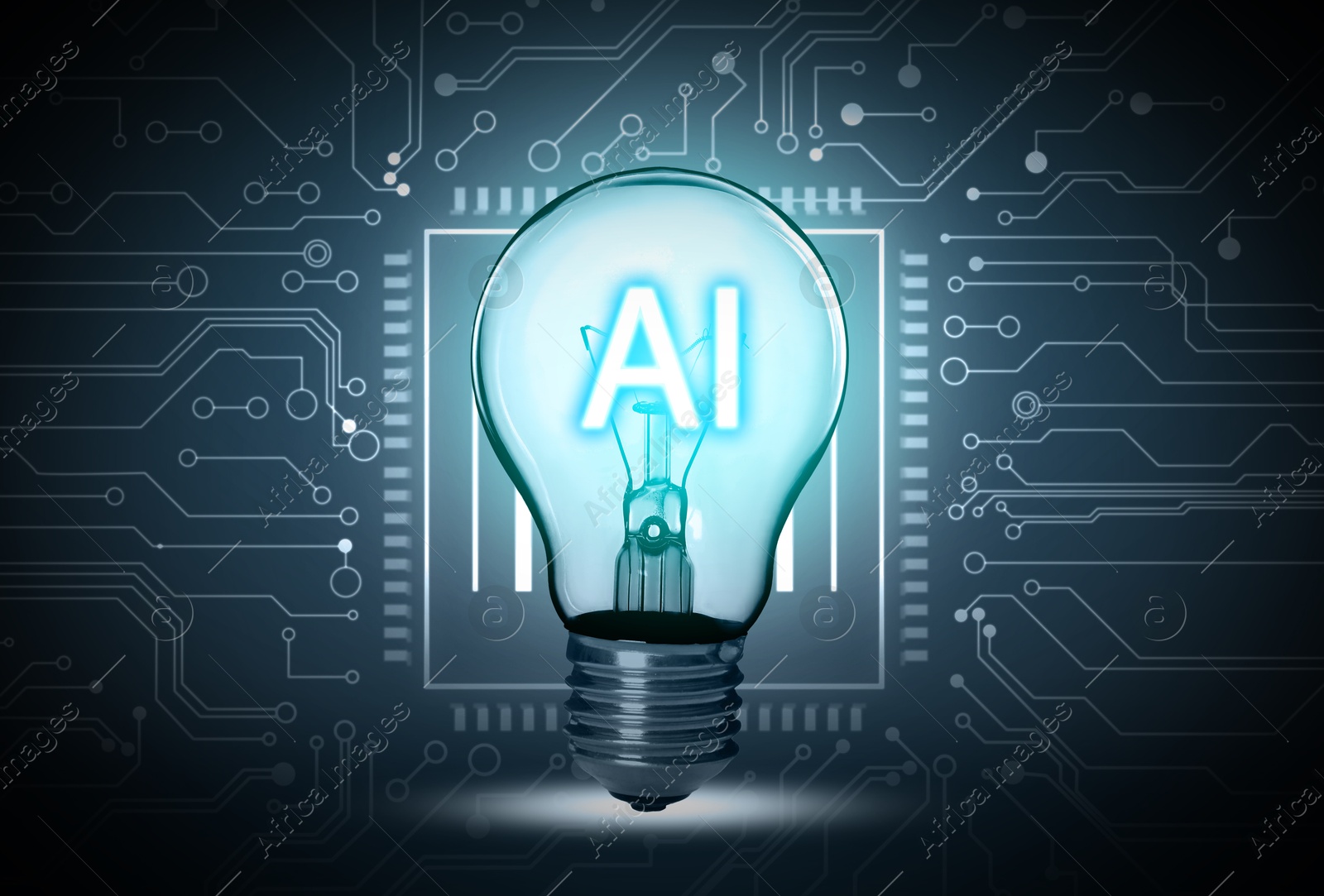 Image of Ai abbreviation in light bulb against dark background with electronic chip and circuit board pattern