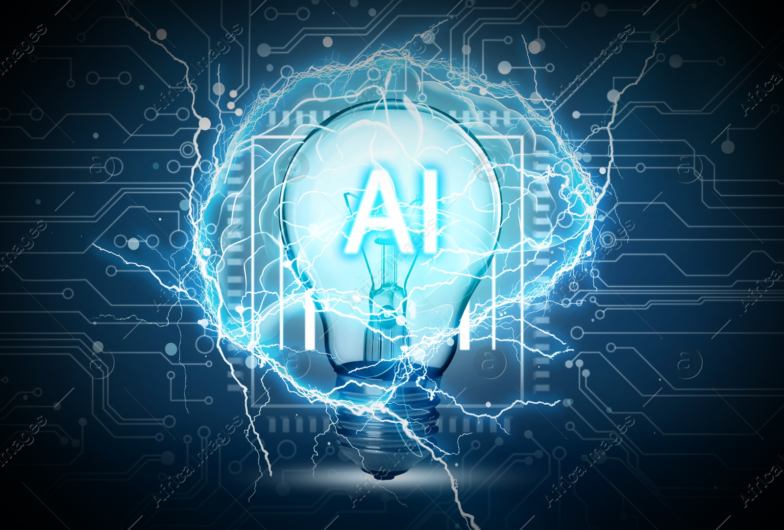 Image of Ai abbreviation in light bulb and illustration of brain against dark background with electronic circuit board pattern