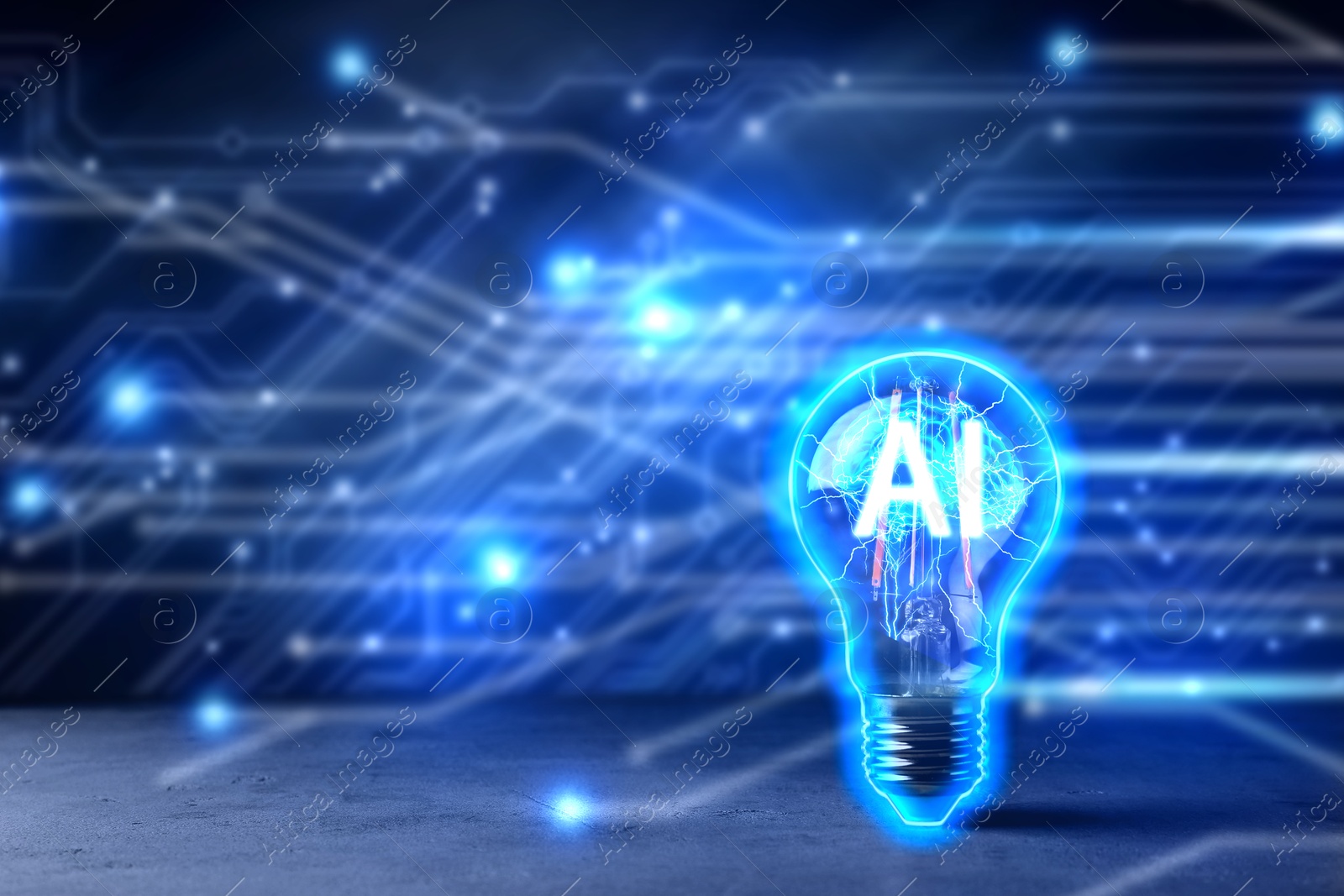 Image of Ai abbreviation and illustration of brain in light bulb against dark background with electronic circuit board pattern. Space for text