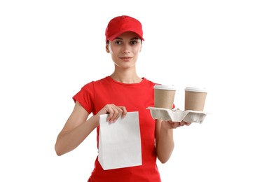 Photo of Fast-food worker with paper cups and bag on white background